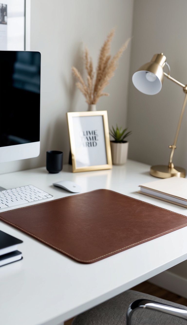 A sleek leather desk pad on a modern desk, surrounded by chic neutral office decor for a calm and stylish home office space