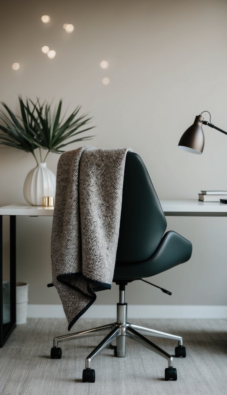 A cozy wool throw blanket draped over a sleek office chair in a neutral-toned, minimalist home office