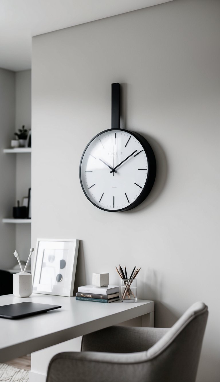 A monochrome wall clock hangs in a chic neutral home office, with minimalist decor and calming ambiance