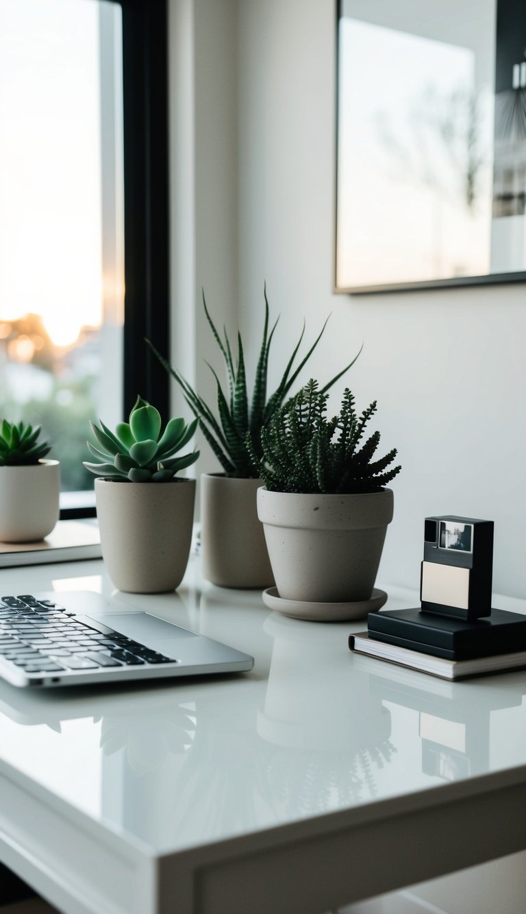 A sleek desk with potted succulents, neutral tones, and minimalist decor in a serene home office