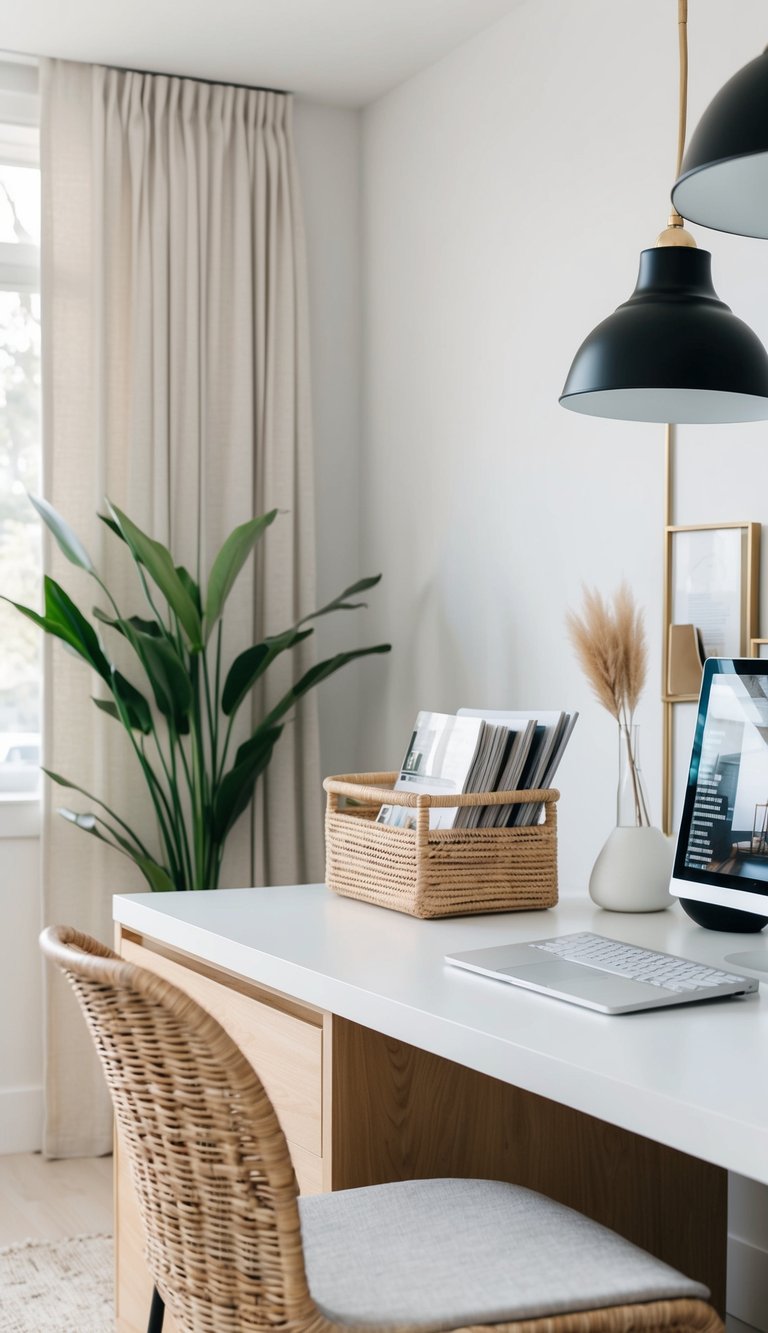 A modern, minimalist home office with a woven magazine holder, neutral color scheme, and chic decor