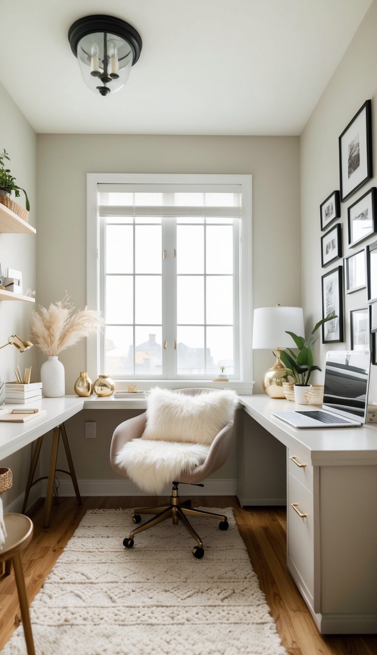 A cozy home office with a faux fur seat cushion, neutral color palette, and chic decor for a calm and inviting workspace