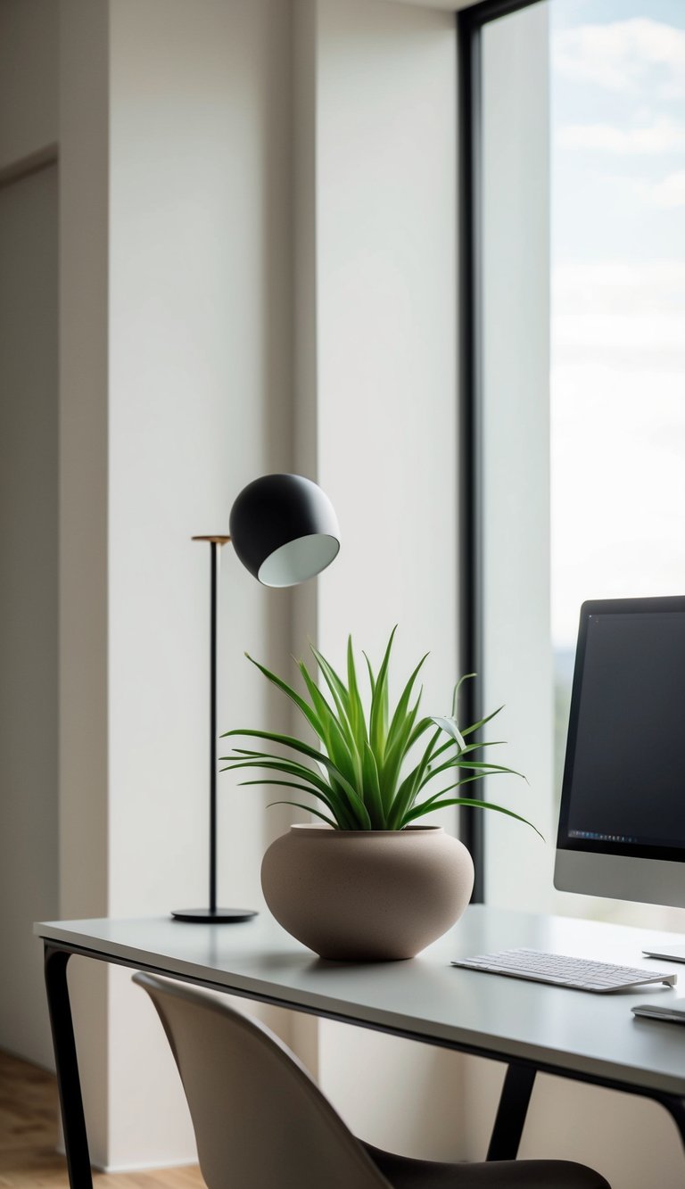 A stoneware planter sits on a sleek desk in a minimalist home office with neutral tones and clean lines