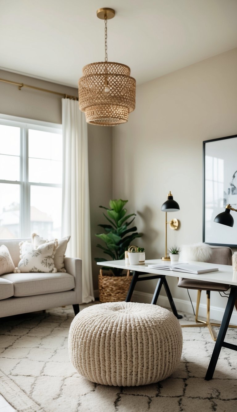 A cozy home office with a stylish cotton blend pouf surrounded by neutral tones and chic decor for a calm and inviting space