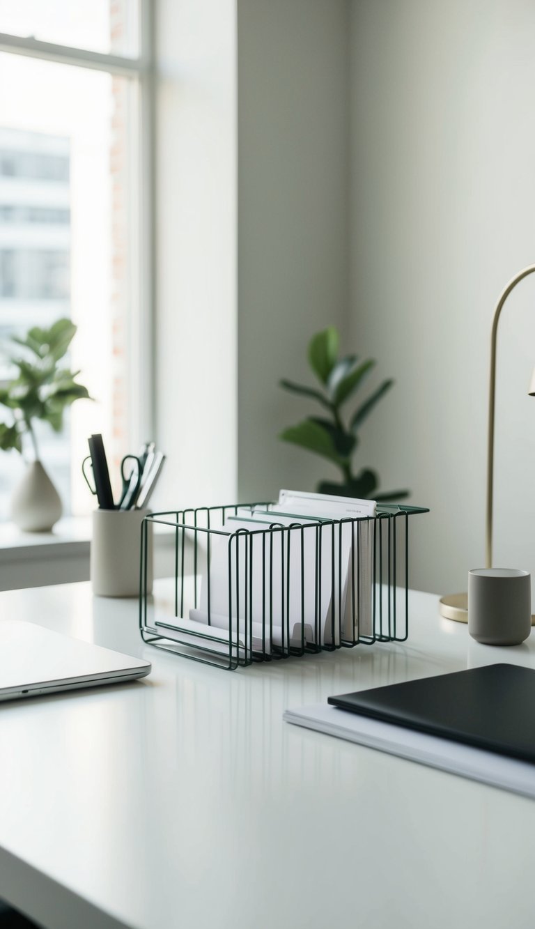 A wire desk organizer sits on a clean desk, surrounded by neutral-colored office supplies. The space is calm and minimalist, with a focus on organization and simplicity
