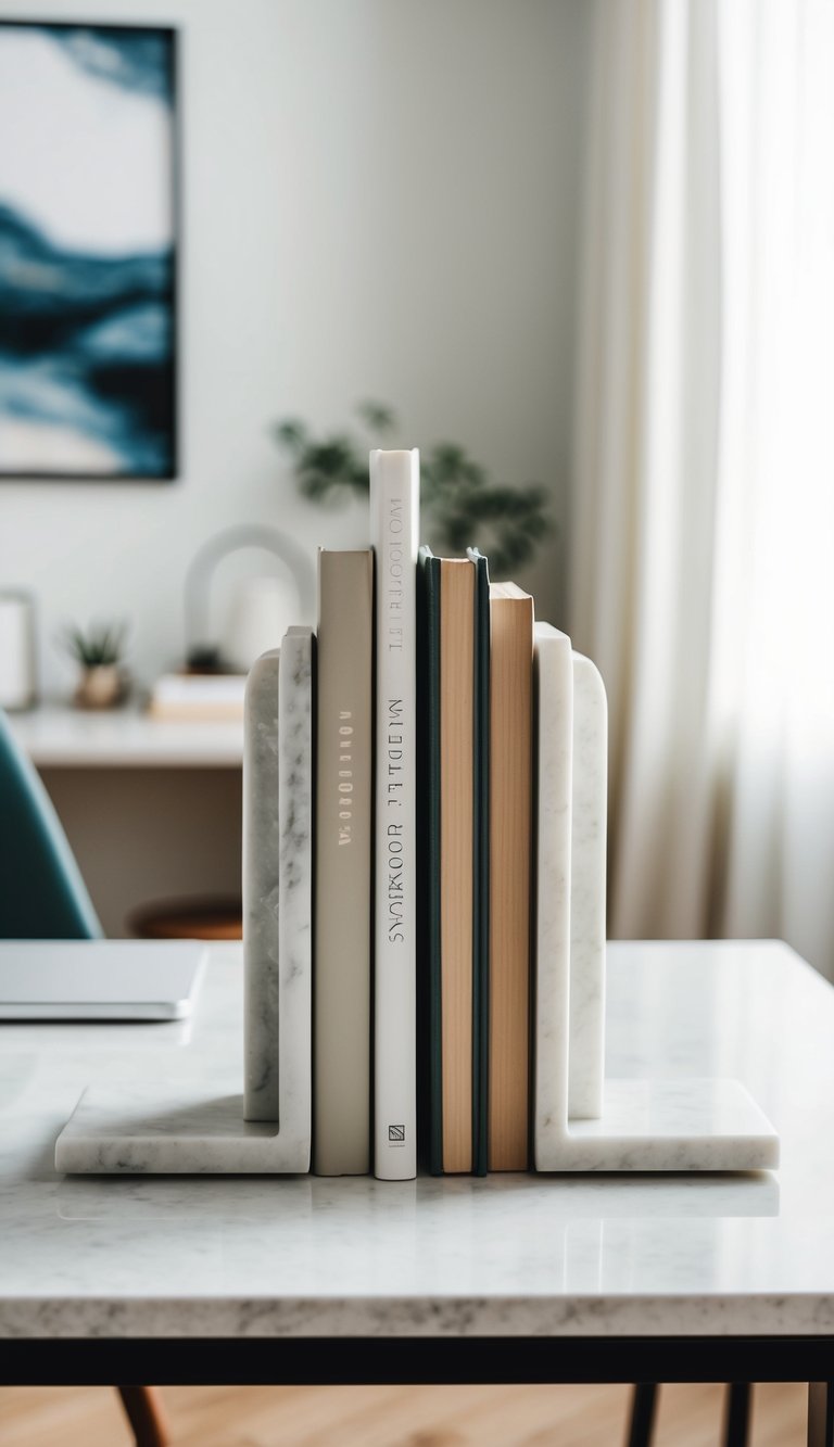 Marble bookends hold up a stack of neutral-toned books in a serene home office space