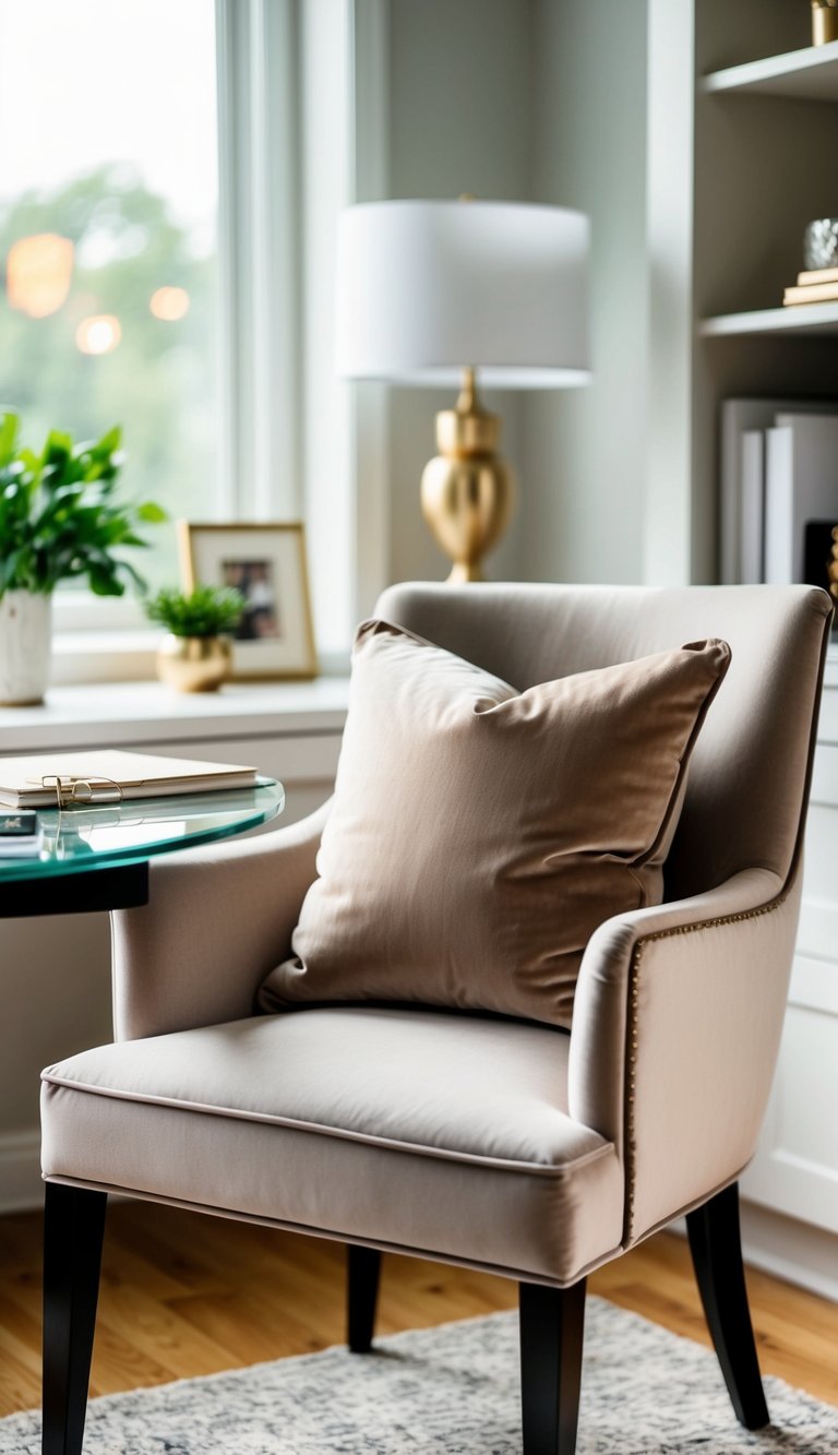 A cozy home office with a plush velvet accent pillow on a chic neutral-colored chair, creating a calm and inviting space for work and relaxation