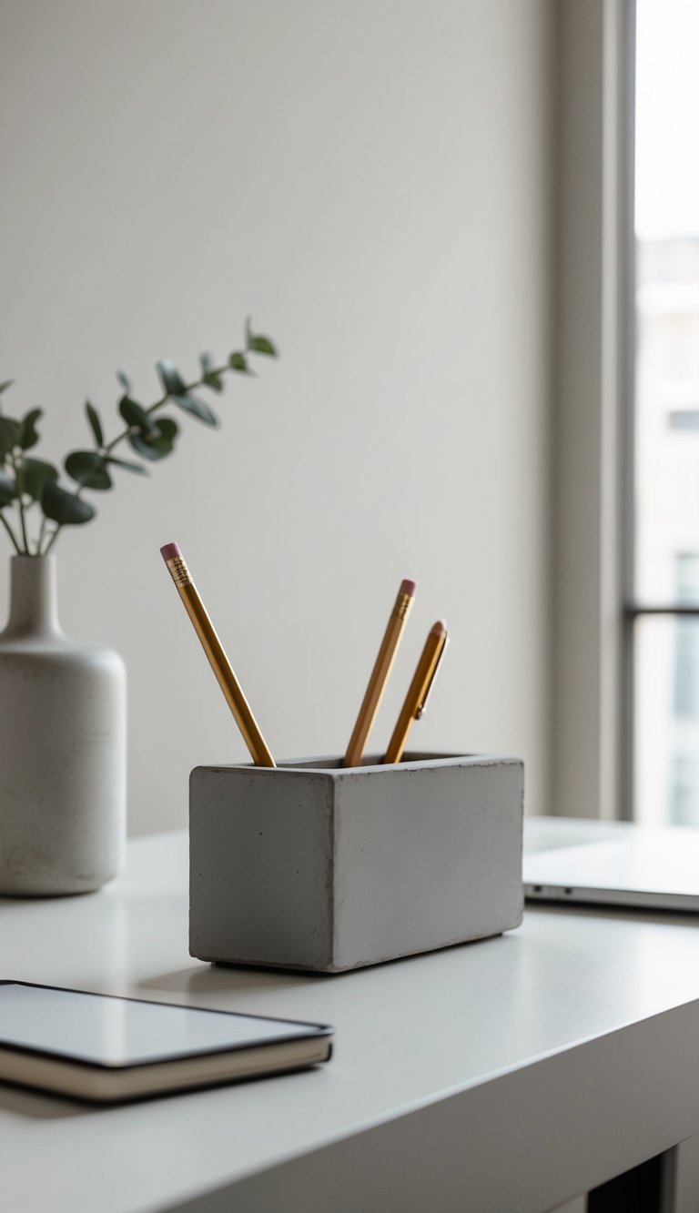 A sleek concrete pencil holder sits on a minimalist desk in a chic neutral home office, creating a calm and organized workspace