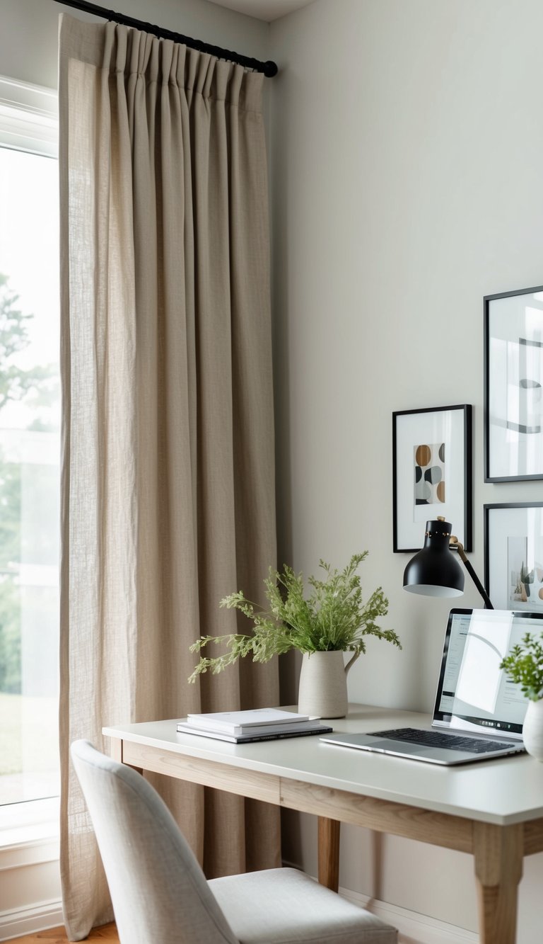 A flax linen curtain hangs in a chic, neutral home office with calming decor and natural light