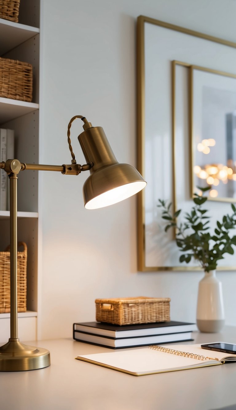 A brass task lamp illuminates a chic neutral home office with clean lines and calming decor