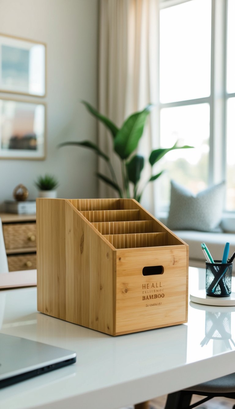 A bamboo file organizer sits on a clean desk in a chic neutral home office, surrounded by calming decor and natural light
