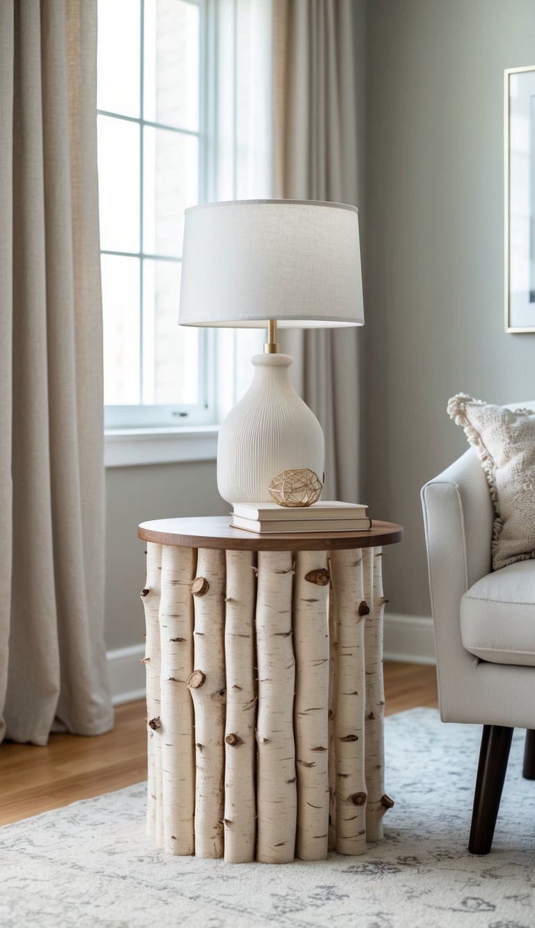 A birchwood side table in a chic neutral home office with calming decor and minimalist design