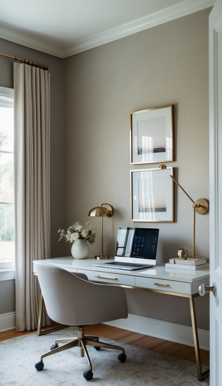 A cozy home office with muted tone wallpaper, a sleek desk, and chic neutral decor for a calm and serene workspace