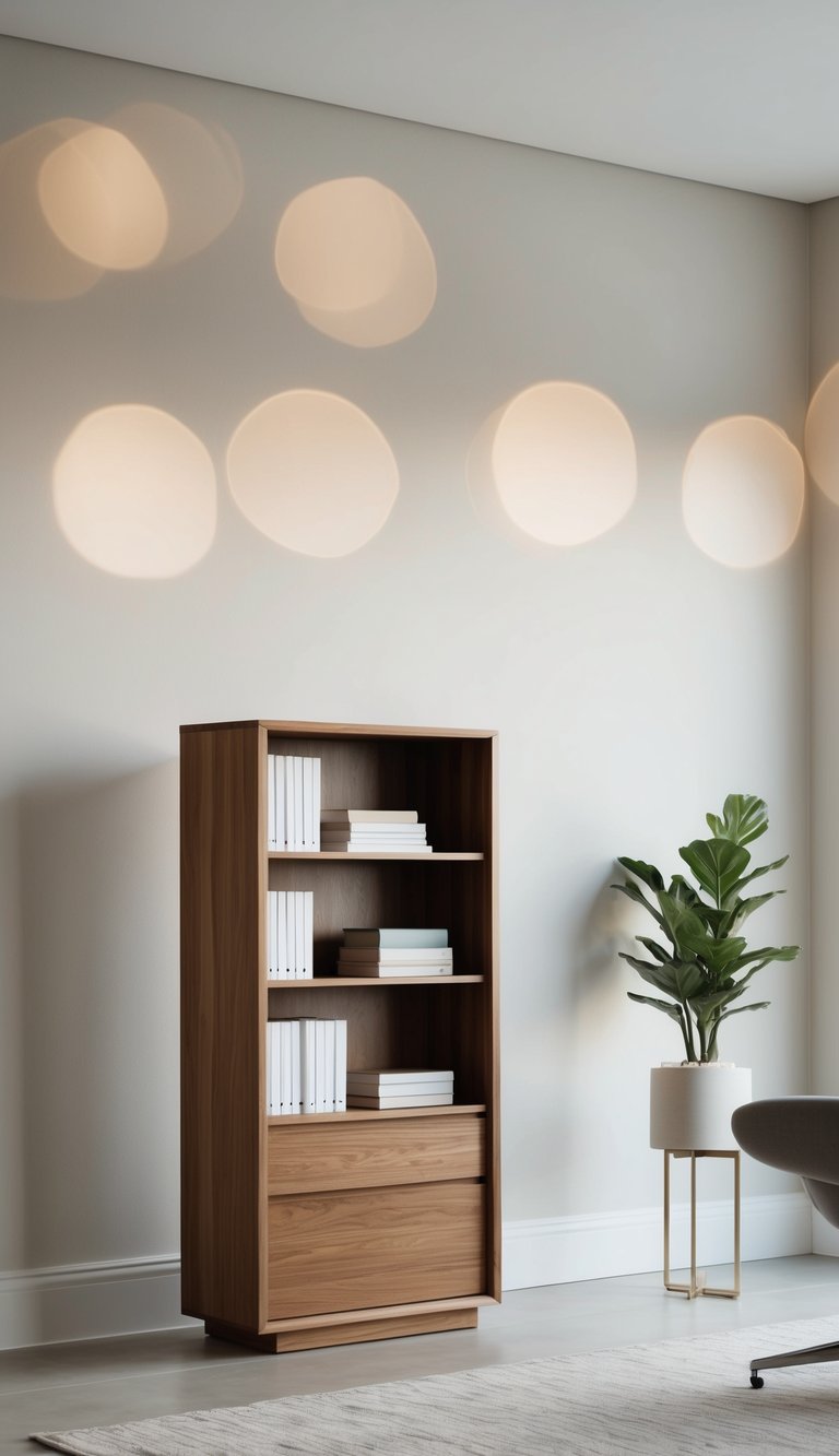 A sleek oak bookcase stands against a neutral backdrop in a serene home office space