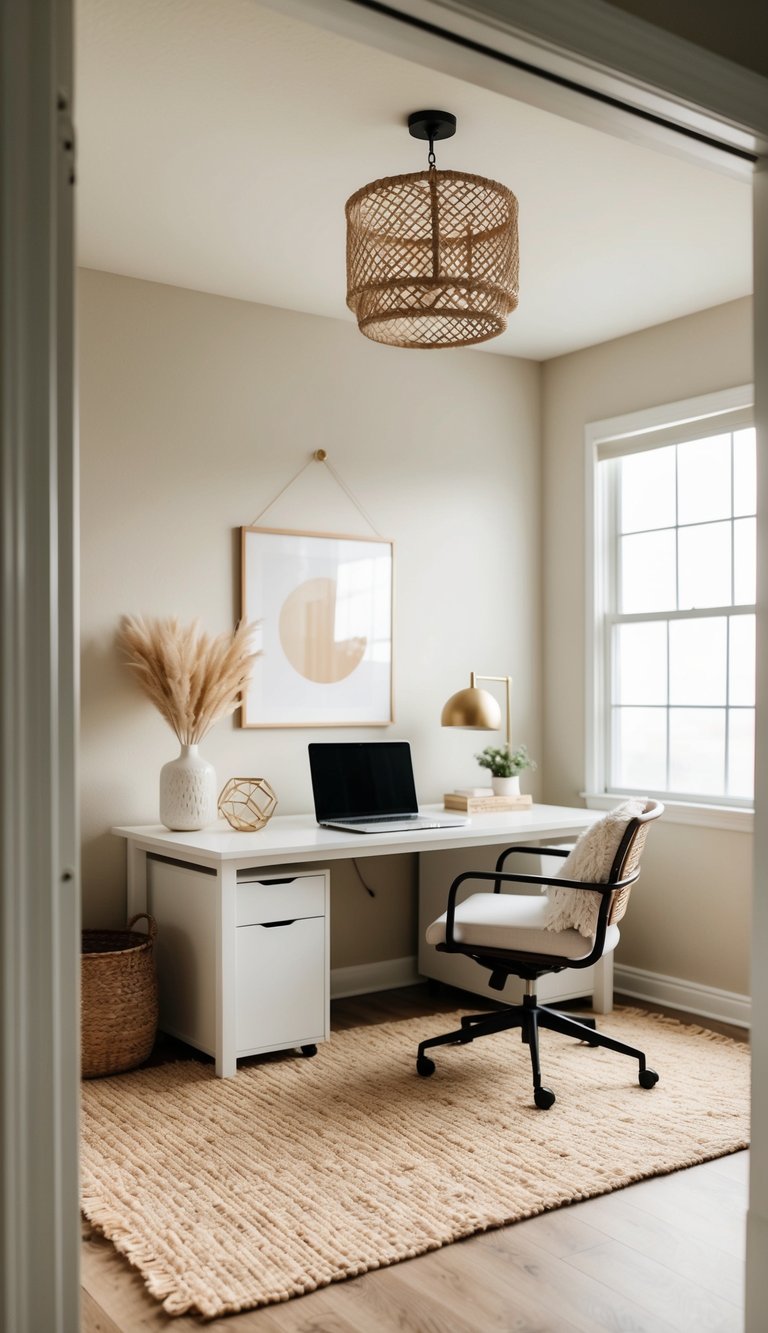A cozy home office with a natural fiber area mat, neutral tones, and chic decor for a calm and inviting space