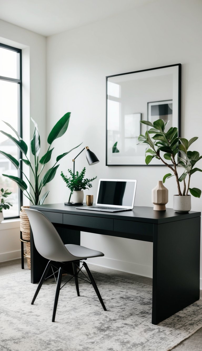 A sleek matte black desk with a modern chair, plants, and neutral decor in a calm home office setting