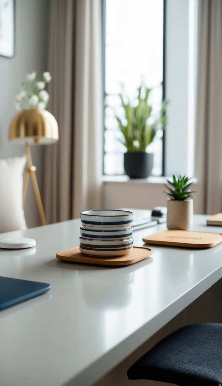 A set of ceramic coasters sits on a sleek desk in a modern home office, surrounded by neutral decor and natural light