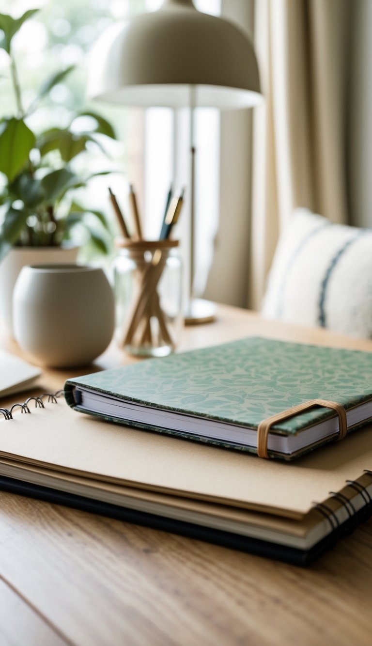 A cozy home office with a stylish recycled paper notebook, surrounded by neutral decor and natural light