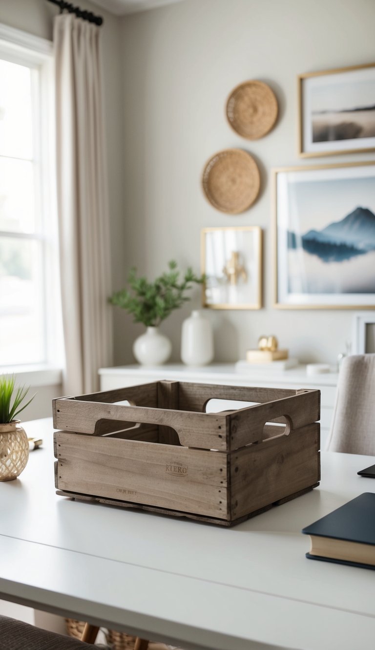 A vintage wooden crate sits in a serene home office, surrounded by chic neutral decor for a calm and inviting atmosphere