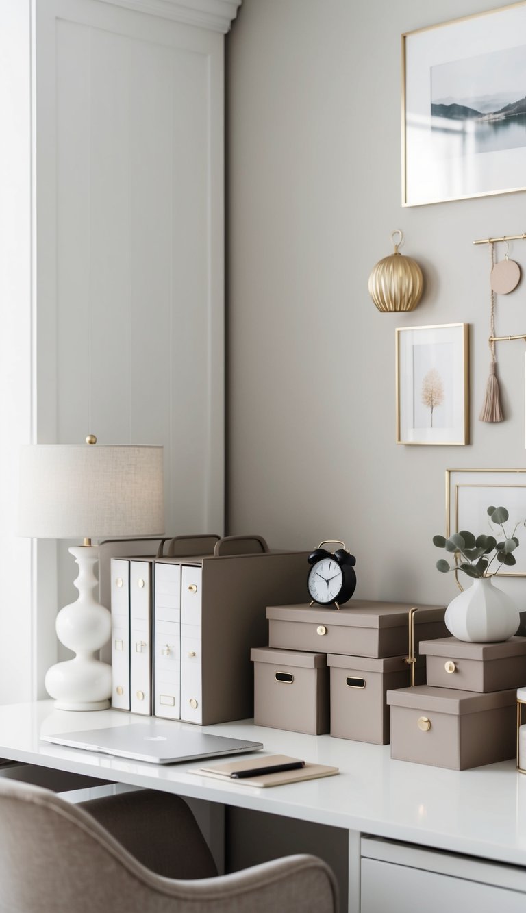 A tidy home office with taupe storage boxes and neutral decor for a calm, chic atmosphere