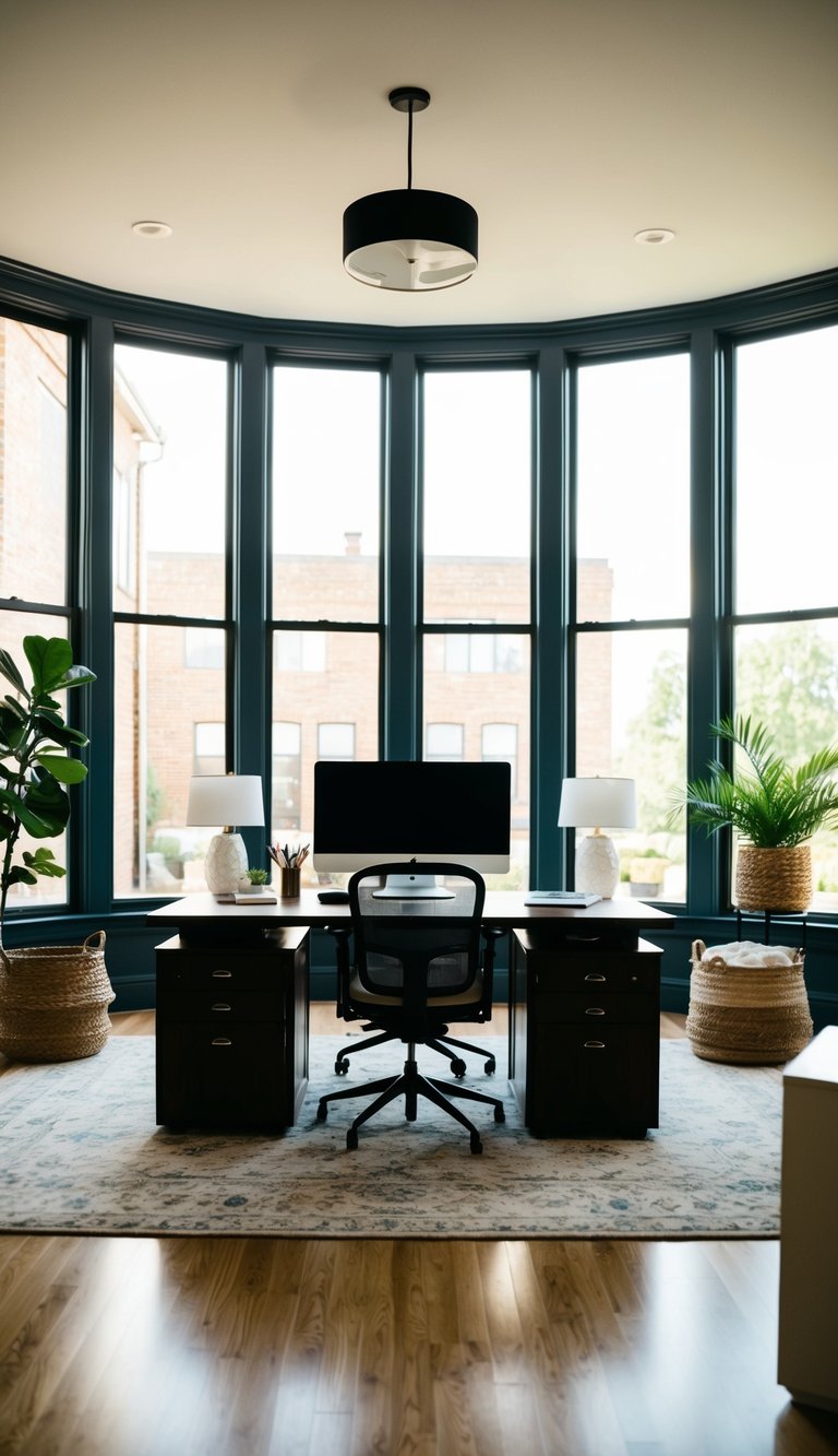 A spacious home office with a desk positioned in the middle of the room, surrounded by stylish and functional furniture, large windows, and abundant natural light