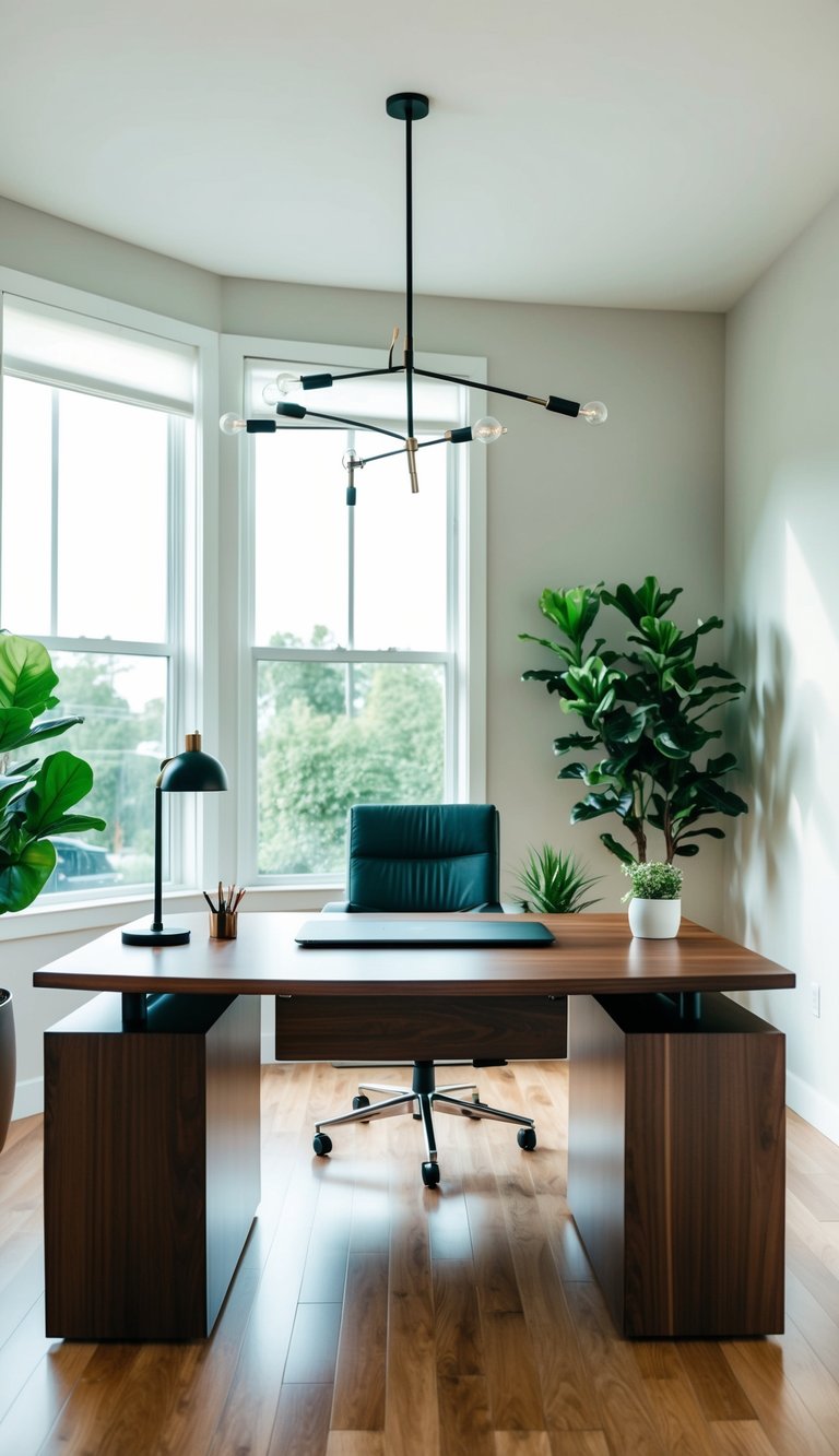 A sleek walnut desk floats in the center of a modern home office, surrounded by stylish decor and ample natural light
