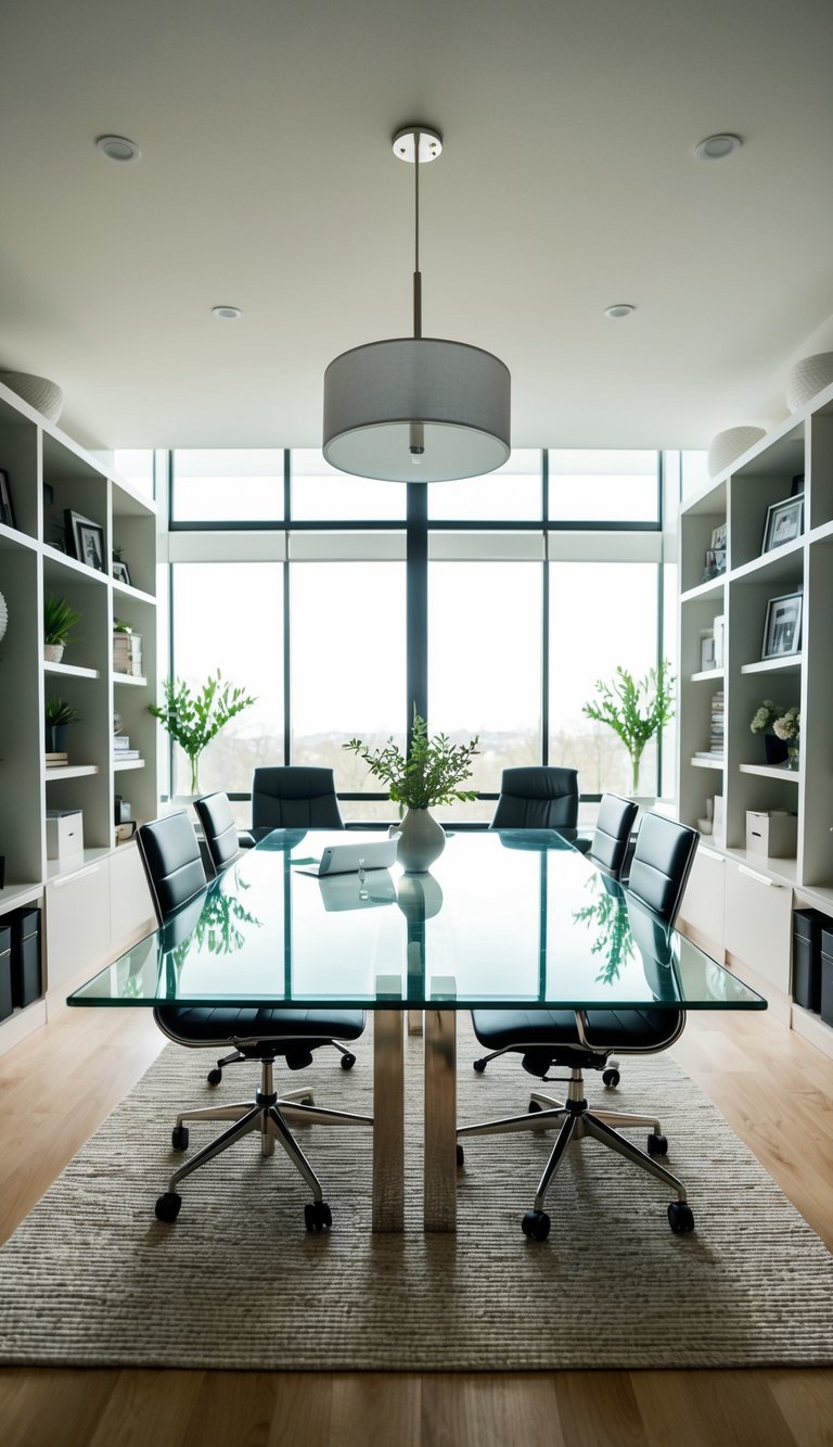 A sleek glass table sits in the center of a modern home office, surrounded by stylish decor and natural light