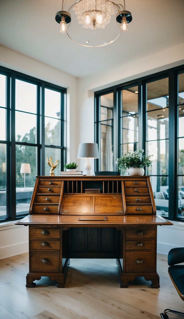 An antique oak writing desk sits in the middle of a stylish home office, surrounded by modern decor and large windows