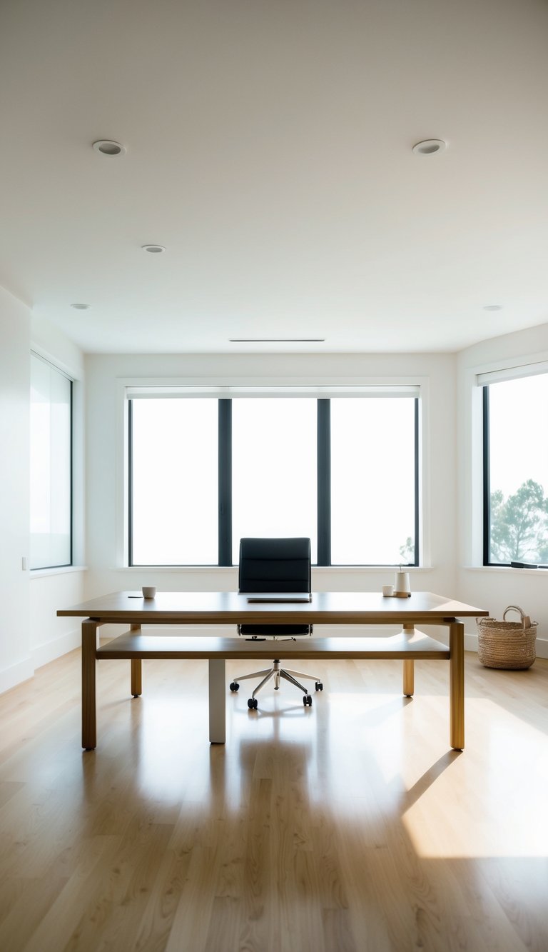 A spacious, bright home office with a sleek, minimalist desk positioned in the center of the room. Clean lines, natural materials, and ample natural light create a serene and functional workspace