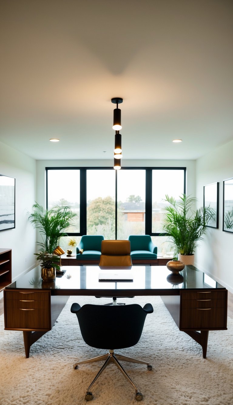 A sleek mid-century modern home office with a desk positioned in the center of the room, surrounded by stylish furniture and decor