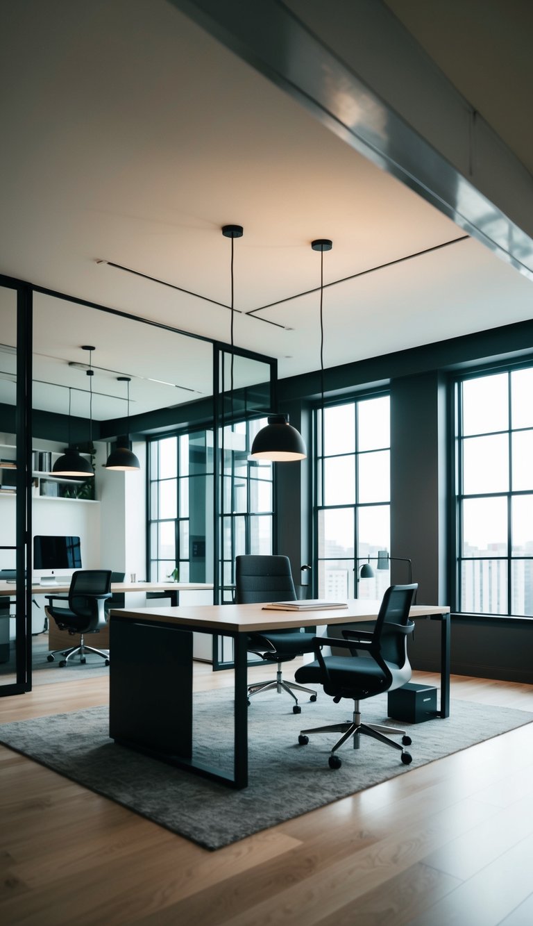 A spacious home office with a modern industrial design. The desk is positioned in the middle of the room, surrounded by sleek furniture and large windows letting in natural light