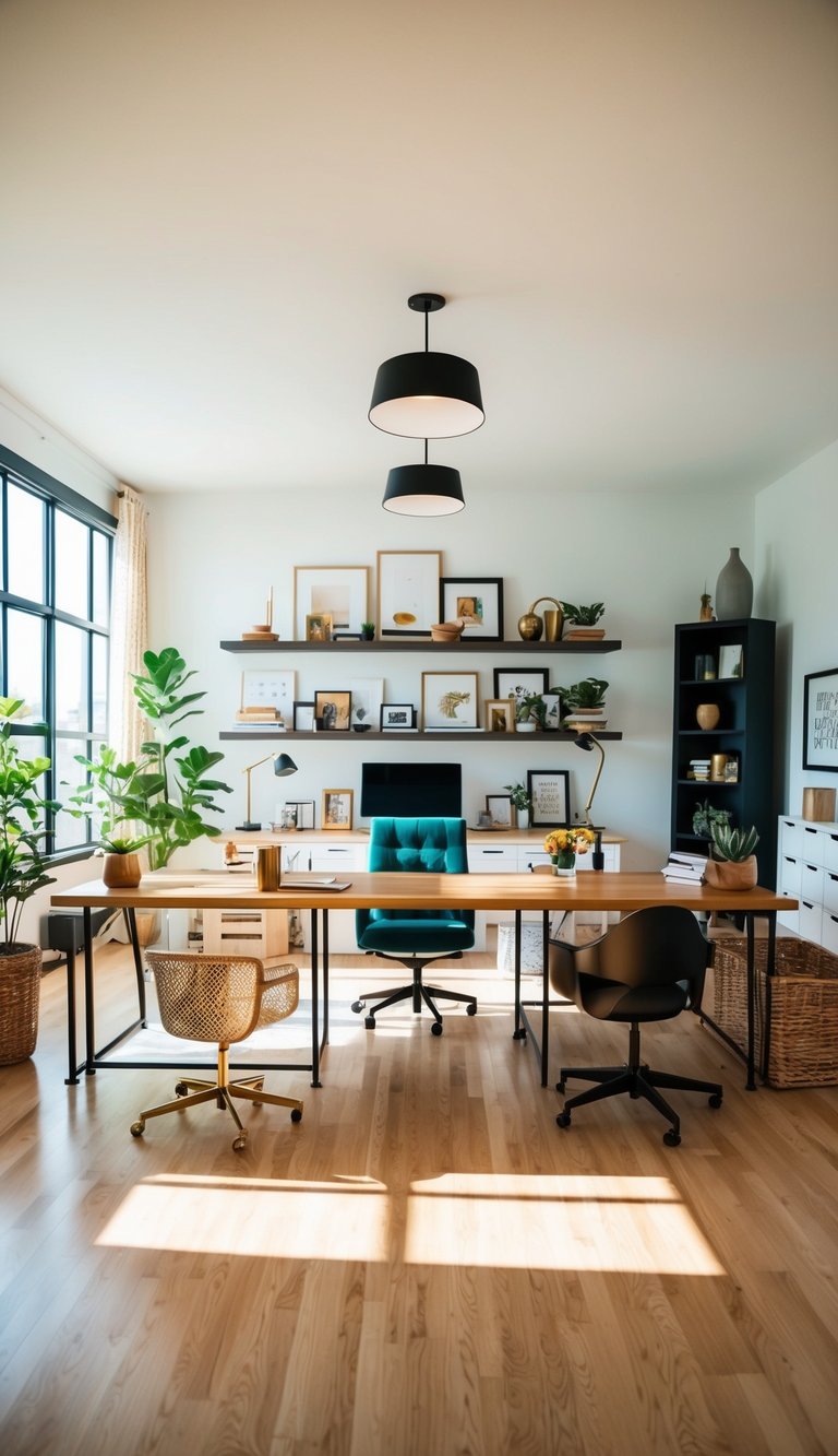 A spacious, brightly lit home office with diverse decor and 35 unique desk designs placed in the center of the room