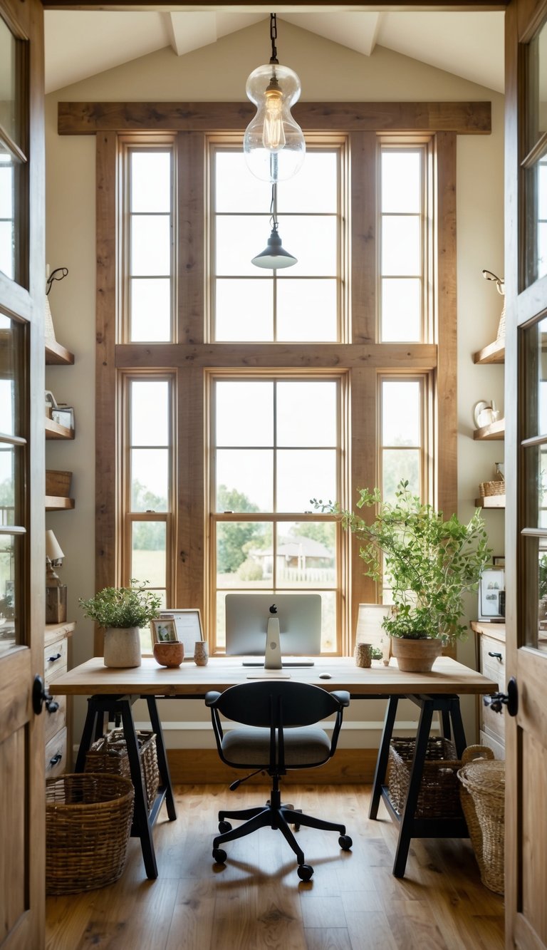 A cozy farmhouse-style home office with a desk placed in the middle of the room, surrounded by rustic decor and natural light streaming in through large windows