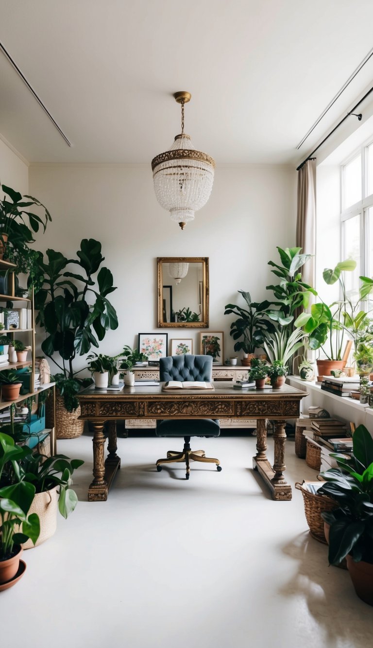 A spacious, light-filled room with eclectic decor. A large, ornate desk sits in the center, surrounded by plants, books, and art supplies