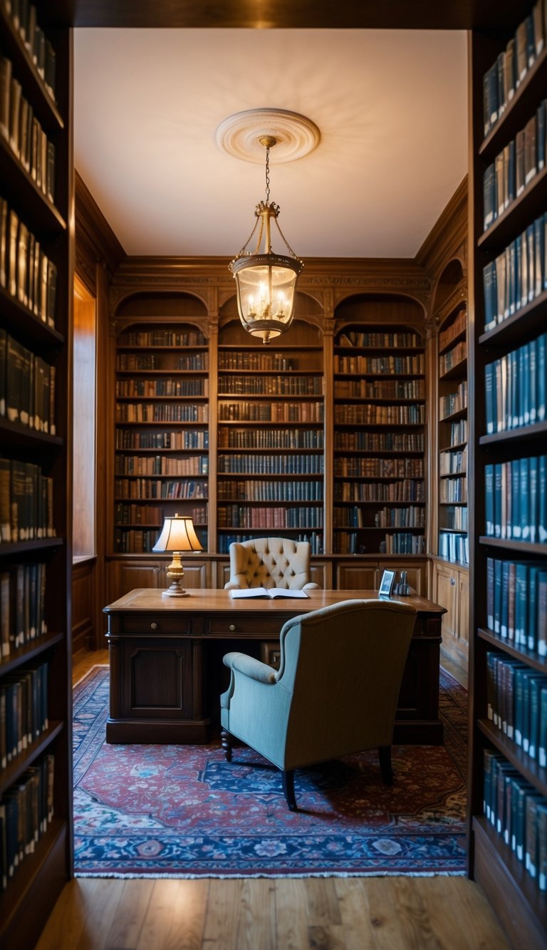 A cozy vintage library with bookshelves, a large desk in the middle of the room, a plush armchair, and warm lighting