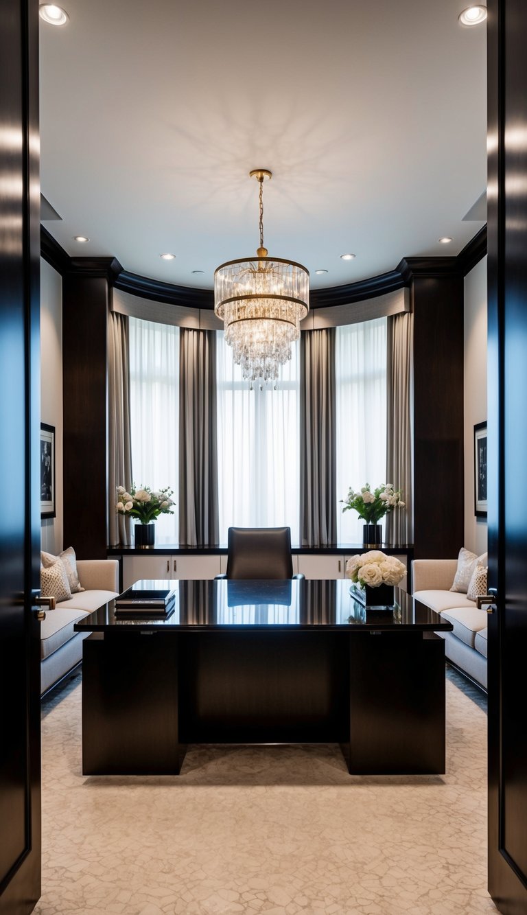 A sleek, modern home office with a large desk positioned in the center of the room, surrounded by elegant furnishings and sophisticated decor