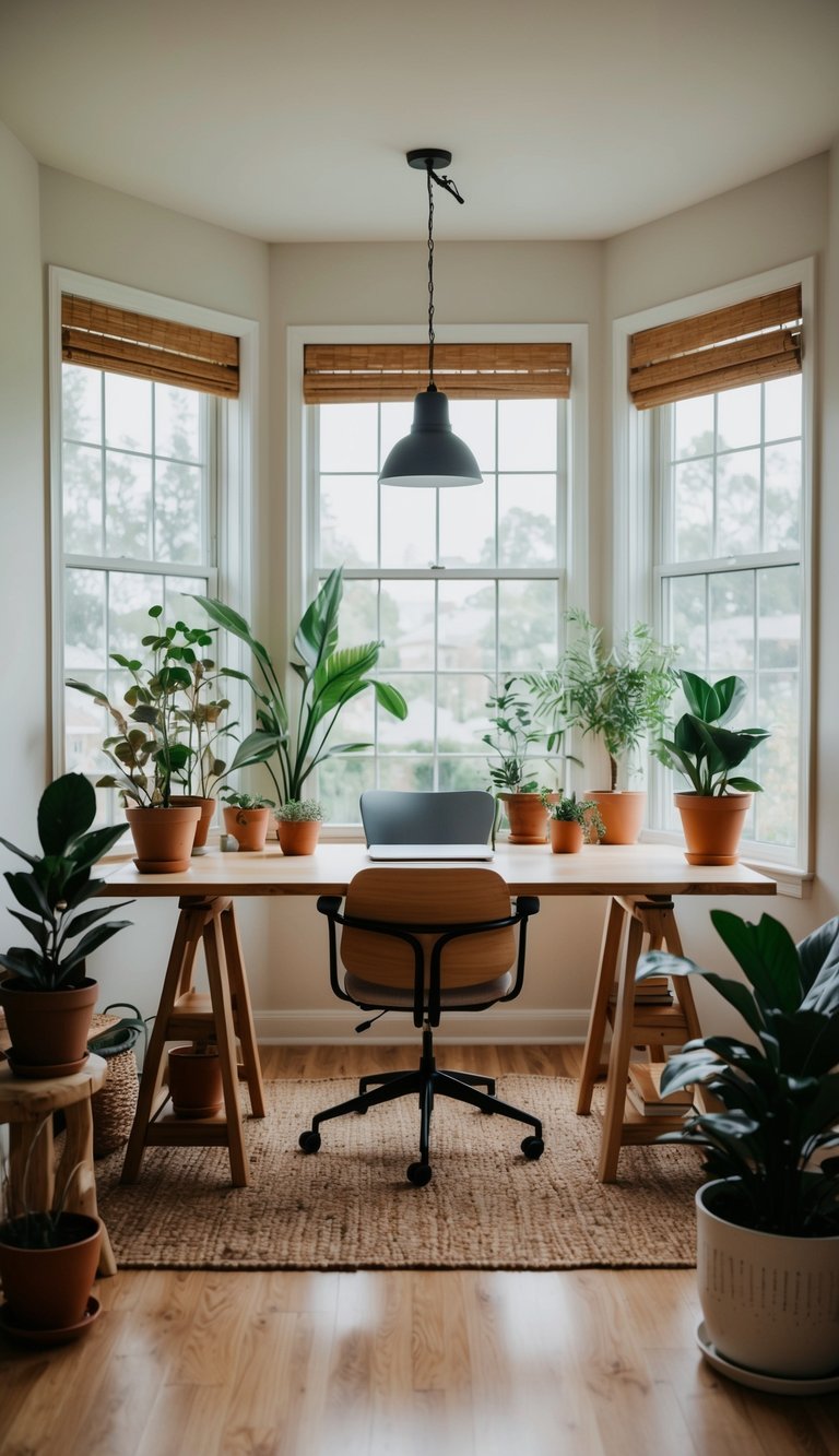 A cozy home office with a desk placed in the middle of the room, surrounded by earthy natural elements like potted plants, wooden furniture, and large windows letting in natural light
