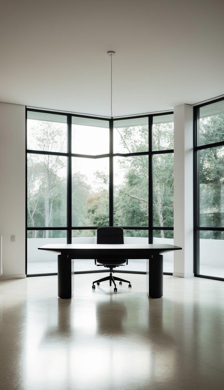 A spacious, minimalist home office with a large desk positioned in the center of the room. Natural light floods in through floor-to-ceiling windows, creating a serene and tranquil atmosphere