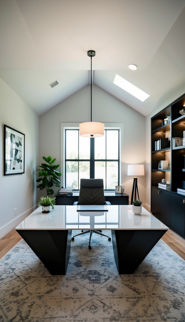 A sleek, modern home office with a geometric desk in the center of the room, surrounded by stylish decor and ample natural light
