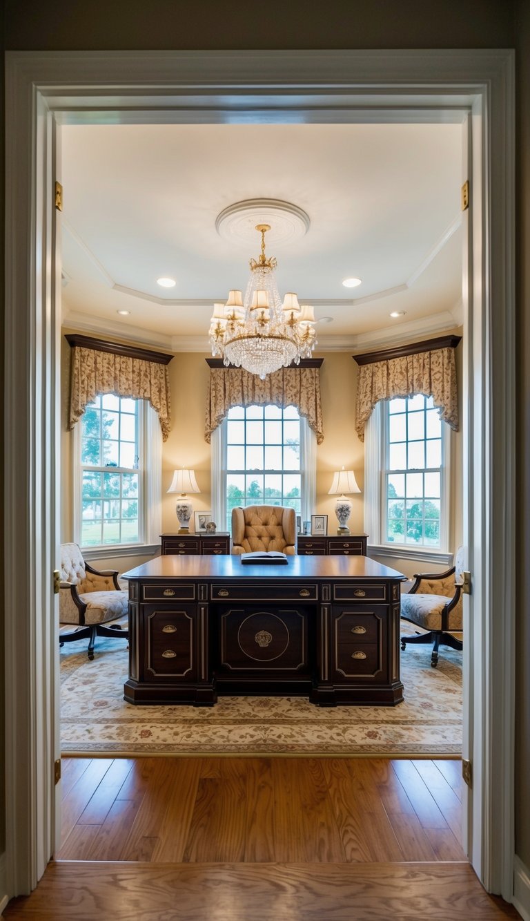 A spacious home office with a grand desk placed in the center, surrounded by elegant decor and traditional furnishings