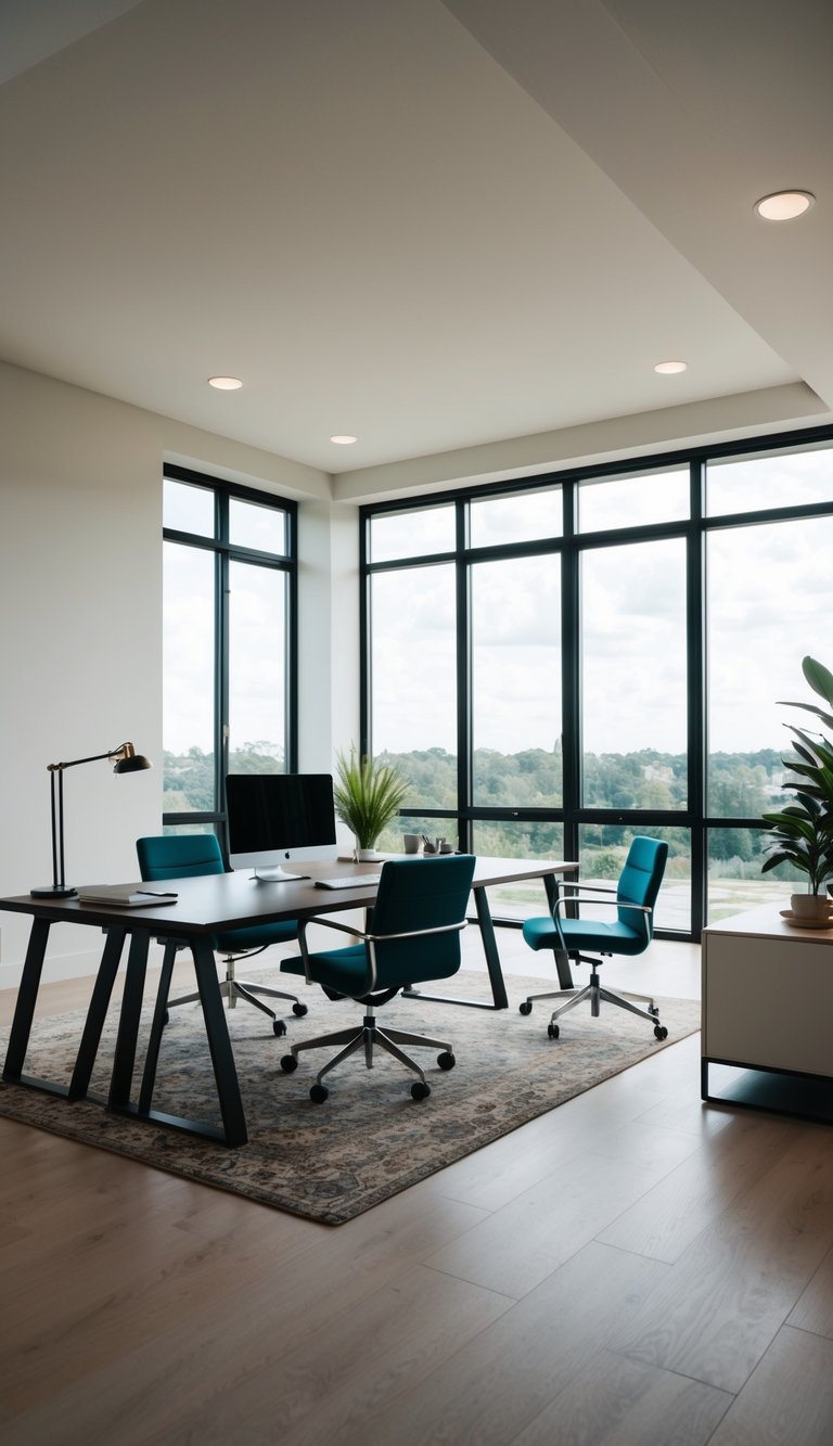 A spacious open-concept home office with a desk placed in the middle of the room, surrounded by modern furniture and large windows letting in natural light
