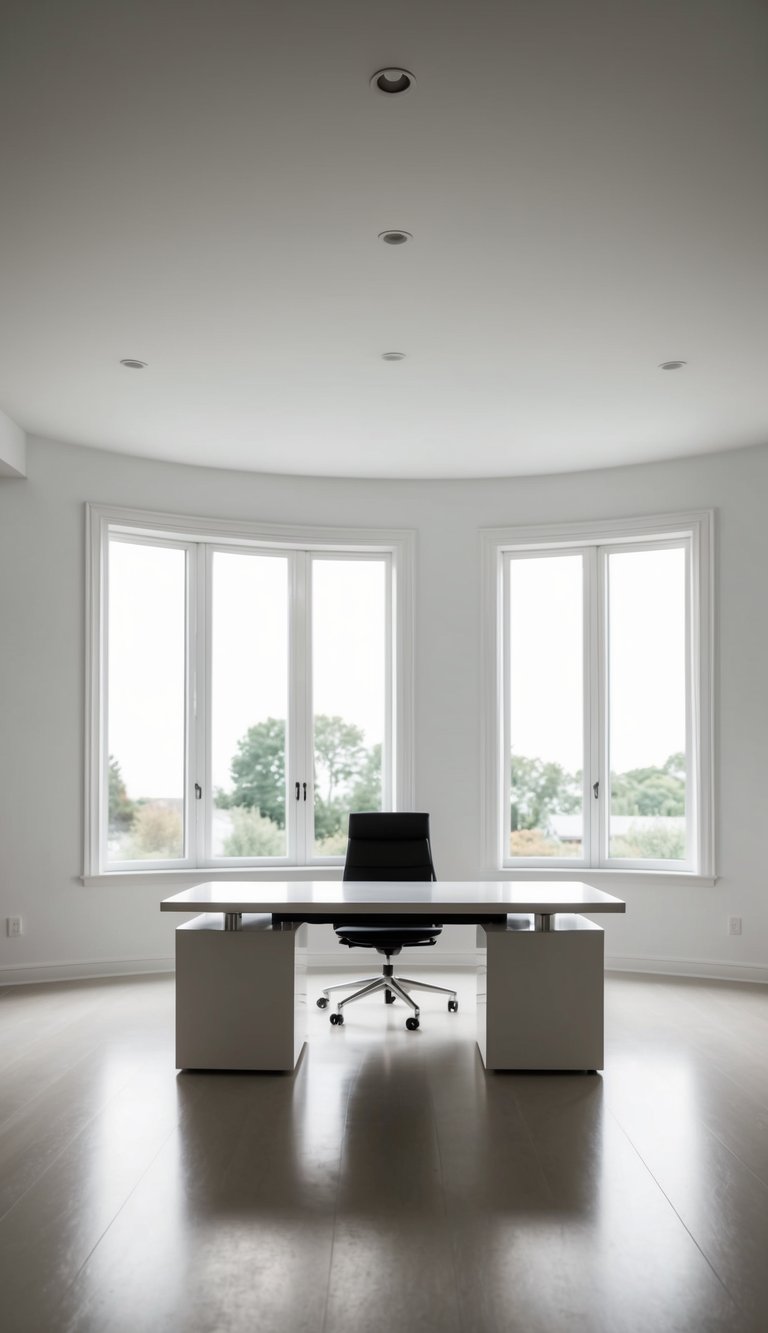 A spacious, minimalist home office with a sleek desk placed in the center of the room. Natural light floods in through large windows, illuminating the clean, Nordic aesthetic