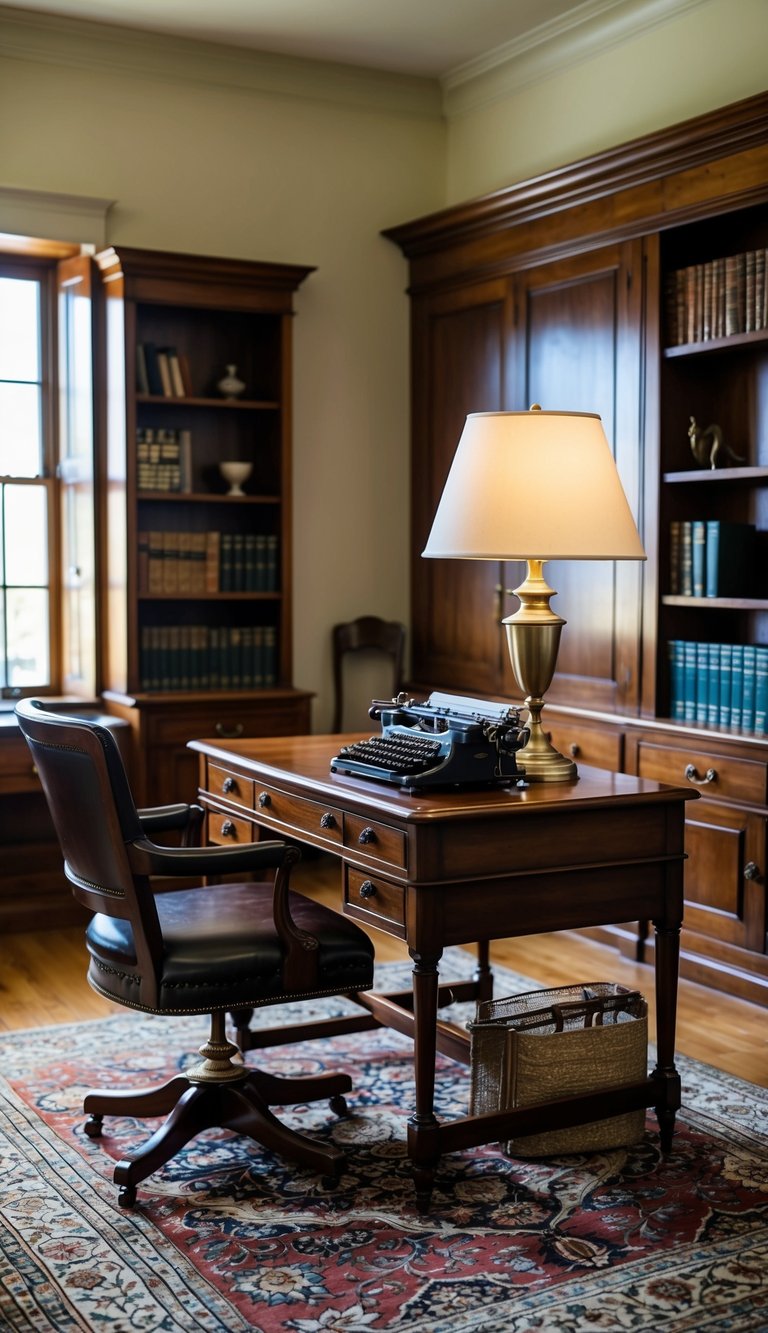 A vintage home office with a mahogany desk, leather chair, brass lamp, and antique typewriter. Persian rug and bookshelves complete the elegant, timeless look