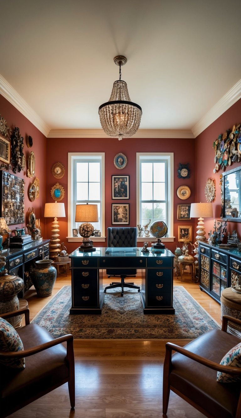 An eclectic collector's room with a desk positioned in the middle, surrounded by unique and artistic decor