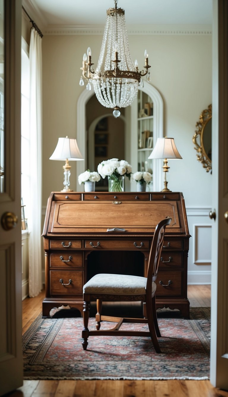An antique oak writing desk sits in a vintage home office, surrounded by elegant decor and soft lighting