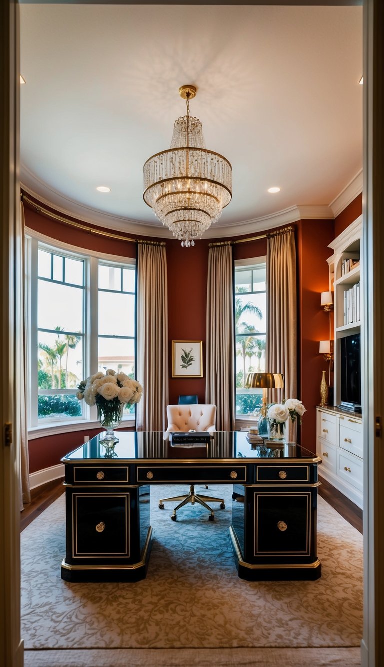 A luxurious home office with a glamorous Hollywood aesthetic, featuring a stunning desk placed in the middle of the room. Rich colors, elegant decor, and ample natural light create a sophisticated and inviting workspace