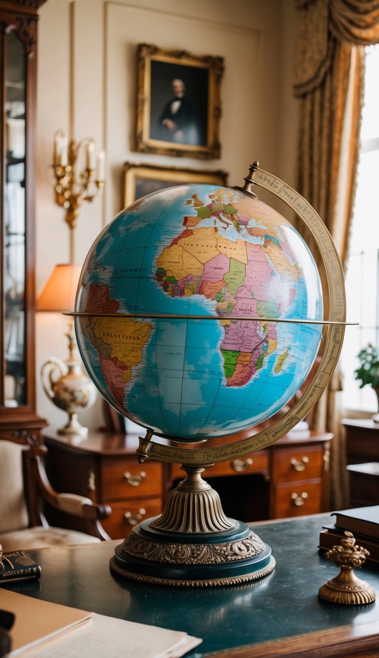 A Victorian-style globe sits on an ornate desk in a vintage home office, surrounded by elegant decor and antique furnishings