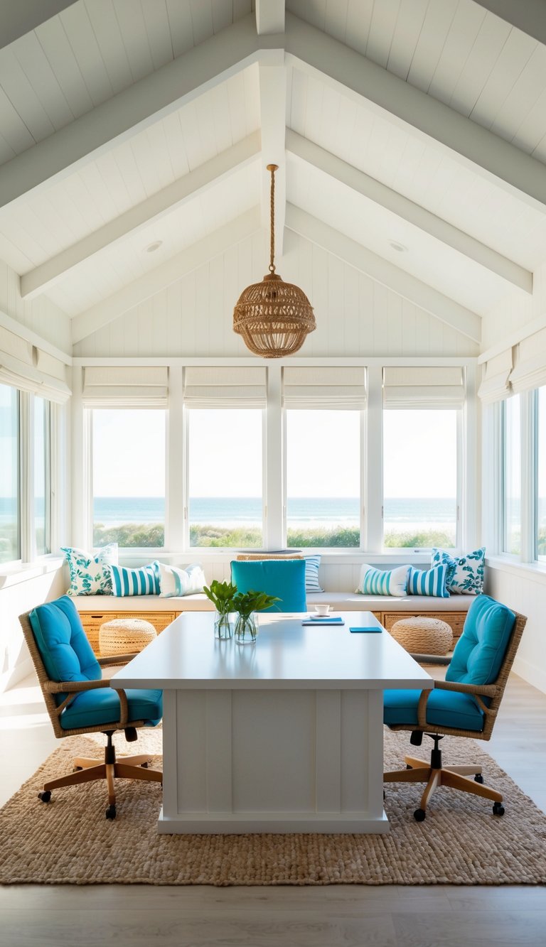 A bright, airy home office with a coastal vibe. A large desk sits in the middle of the room, surrounded by beachy decor and natural light