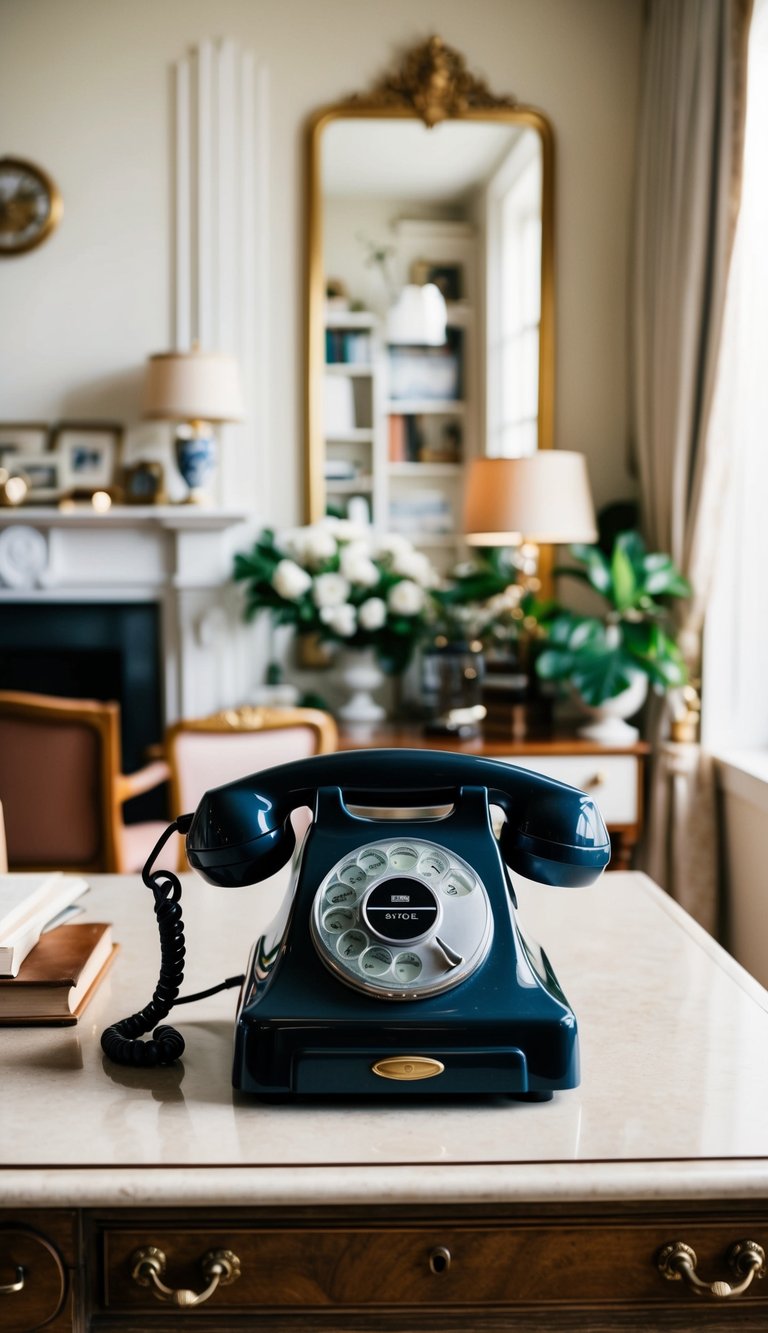 A retro rotary dial phone sits on an antique desk in a vintage home office, surrounded by elegant decor and timeless design elements