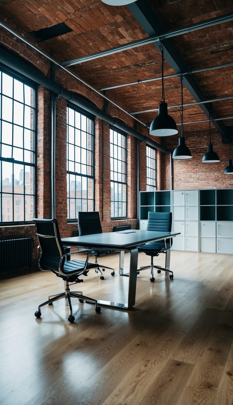 A spacious loft with industrial decor, large windows, and exposed brick walls. A sleek desk sits in the center of the room, surrounded by modern office chairs and stylish storage units